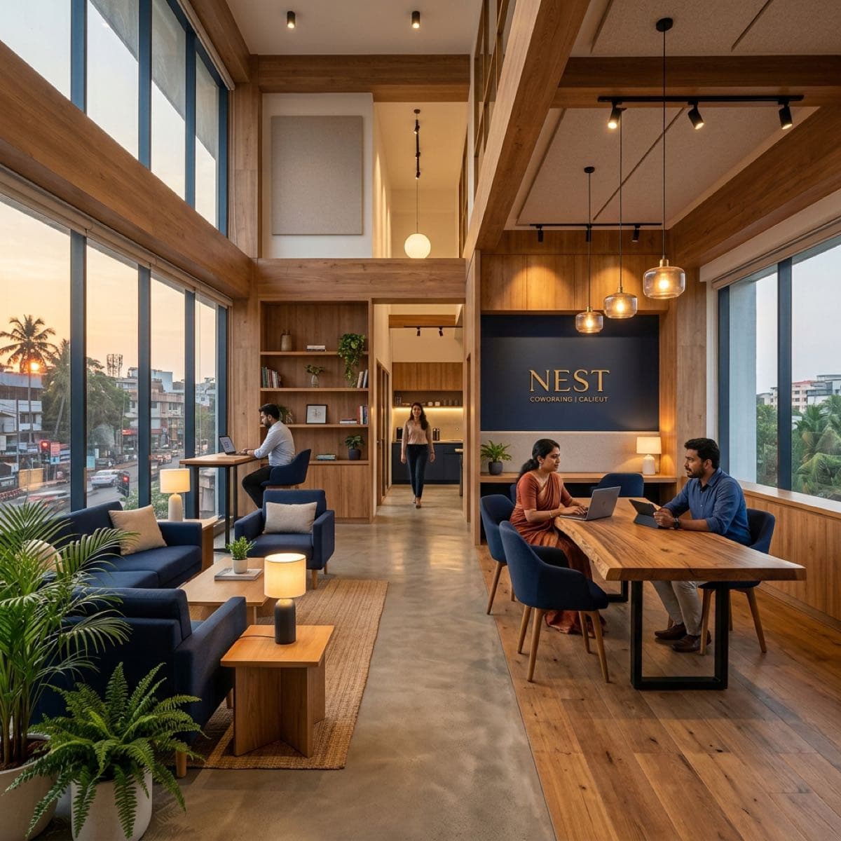 State-of-the-art coworking interior in Cyberpark Calicut with warm wooden accents, modern minimalist workstations, lush indoor plants, soft interior natural lighting.
