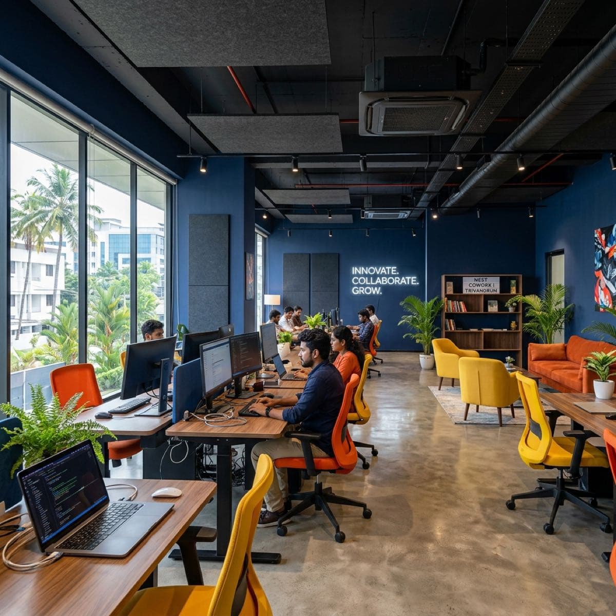 High-tech corporate campus at Technopark Trivandrum with landscaped greenery, modern glass facade office buildings, sunny blue sky, premium enterprise aesthetic.